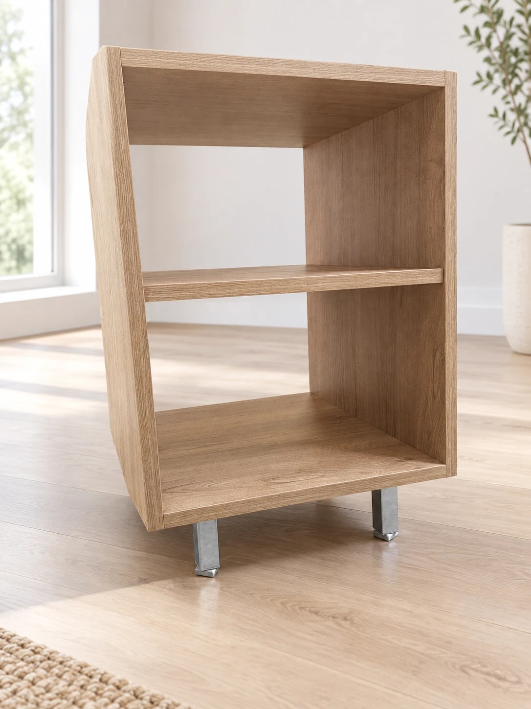 Table de nuit ouverte, décor chêne — rendu 3D